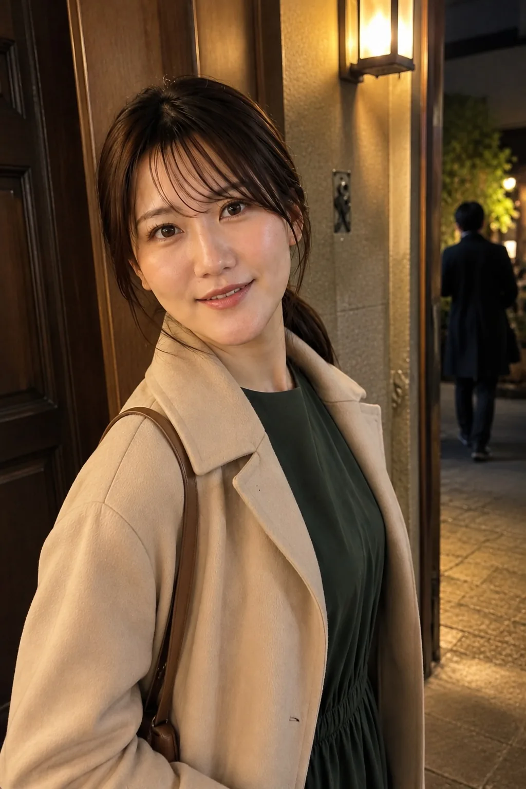 夜の建物入口で濃い緑のワンピースとベージュのジャケットを着て正面を向き笑う人物