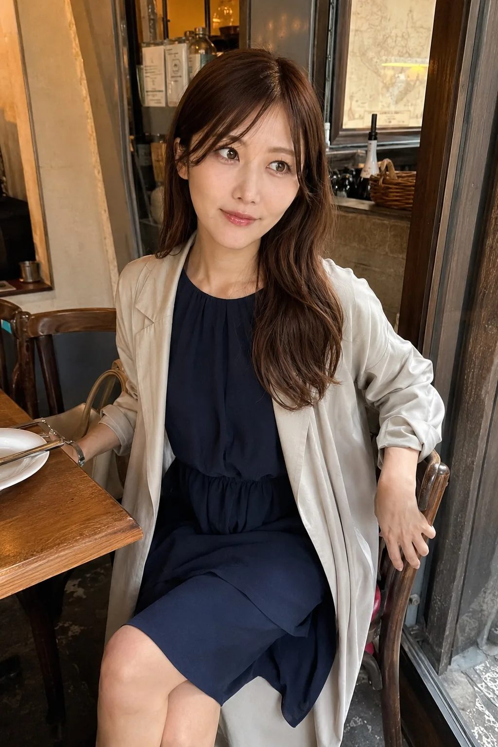 カフェの席で紺のワンピースとベージュのジャケットを着て正面を見る人物