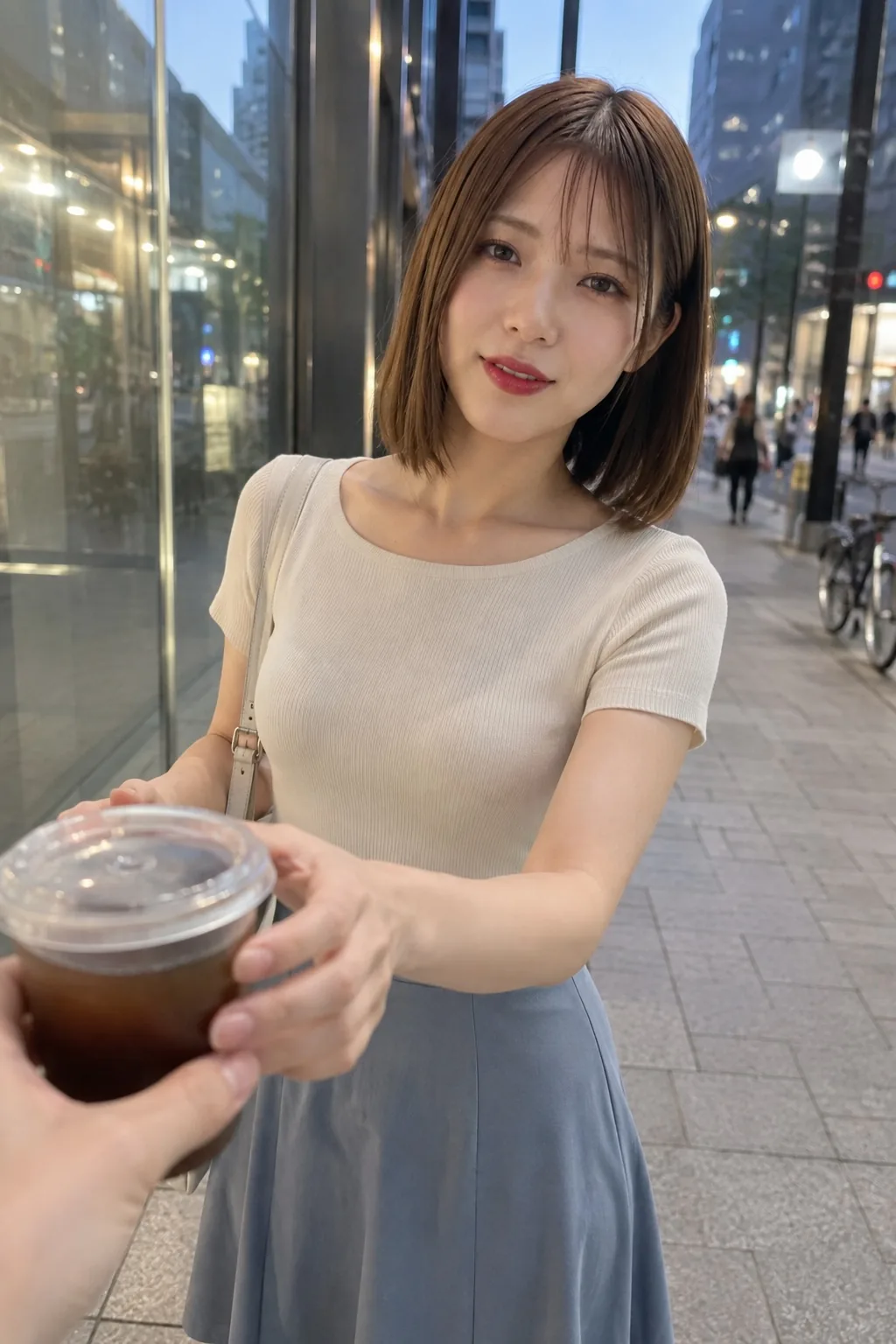 夜の街路で白い半袖トップスと青いスカートを着て飲み物を差し出す人物