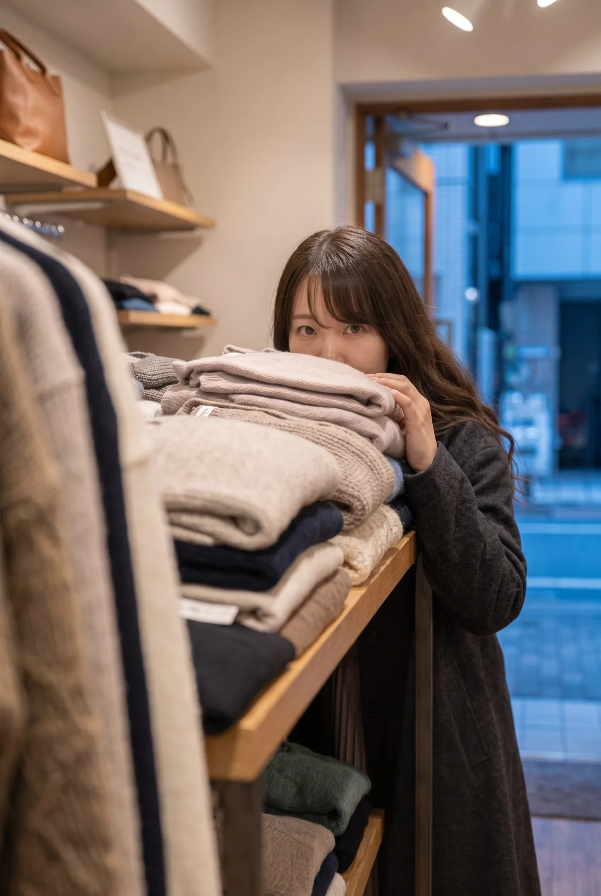 衣料品店で畳んだニットの向こうから顔をのぞかせる濃いグレーのコート姿の人物