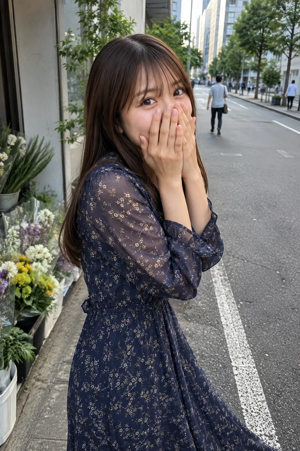 花店の前で紺の花柄ワンピースを着て片手を口元に添える人物