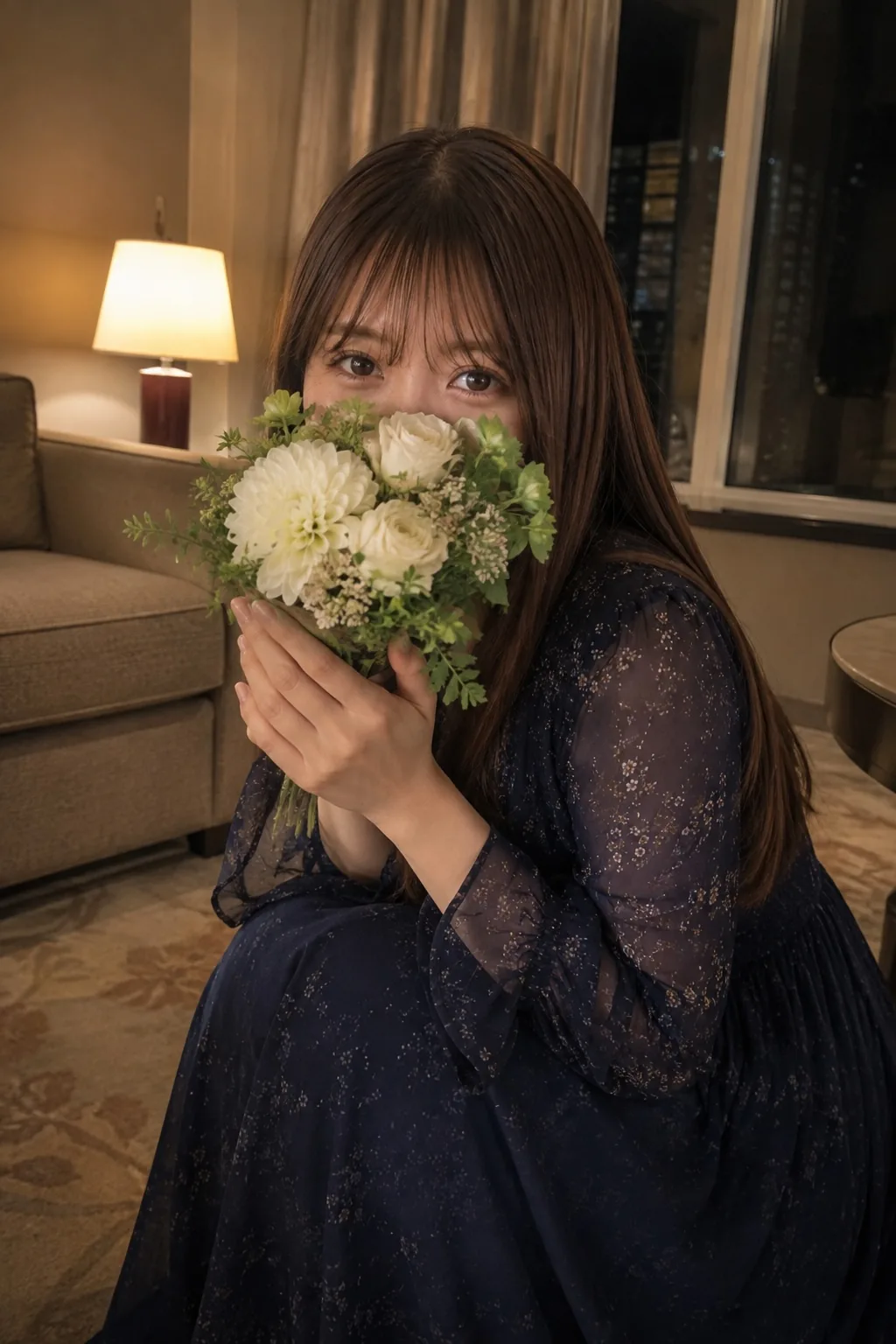 室内の椅子で紺の花柄ワンピースを着て白い花束を顔の前に持つ人物