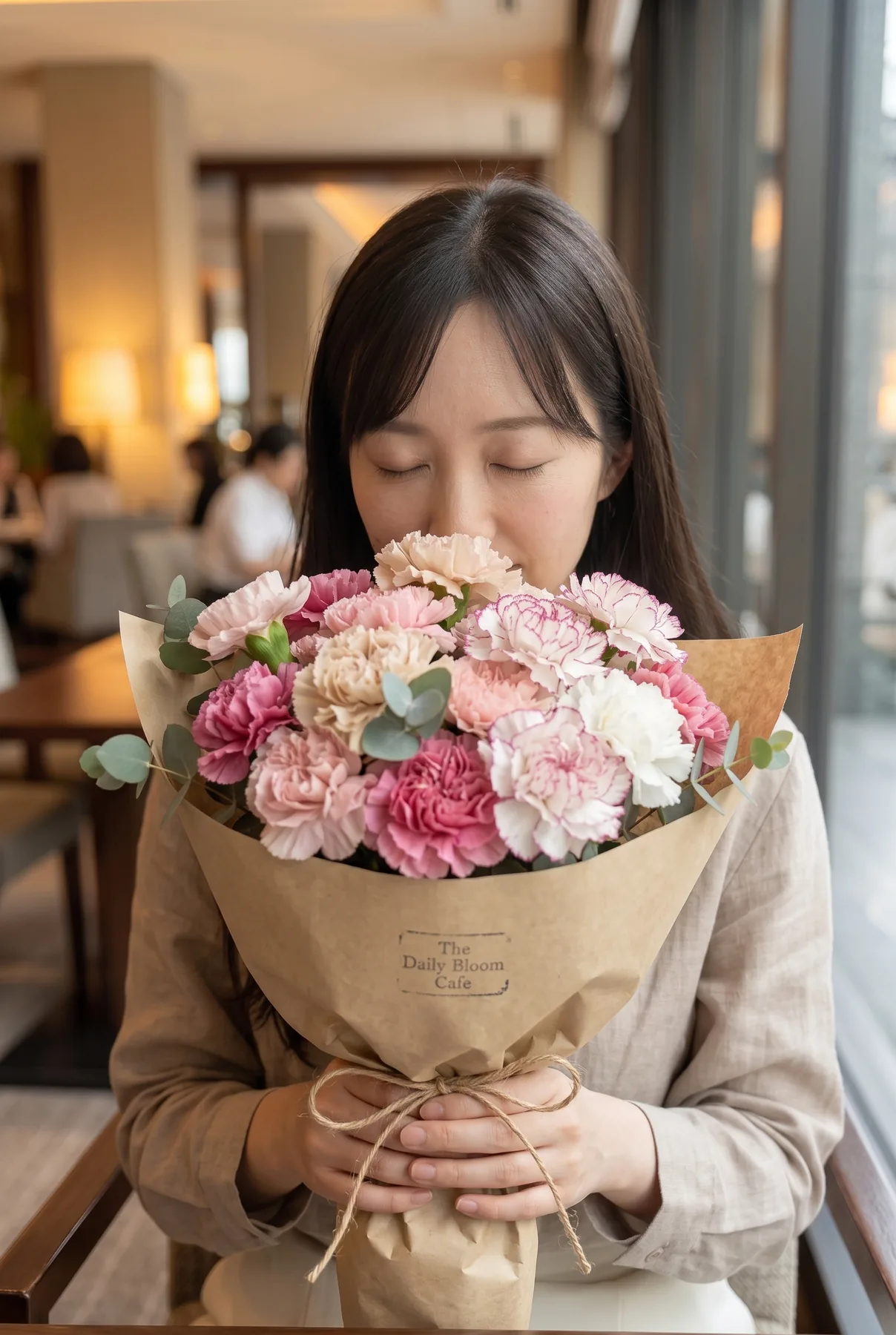カフェの席で淡い茶色のブラウスと白いスカートを着てピンクと白の花束を顔の前に持つ人物