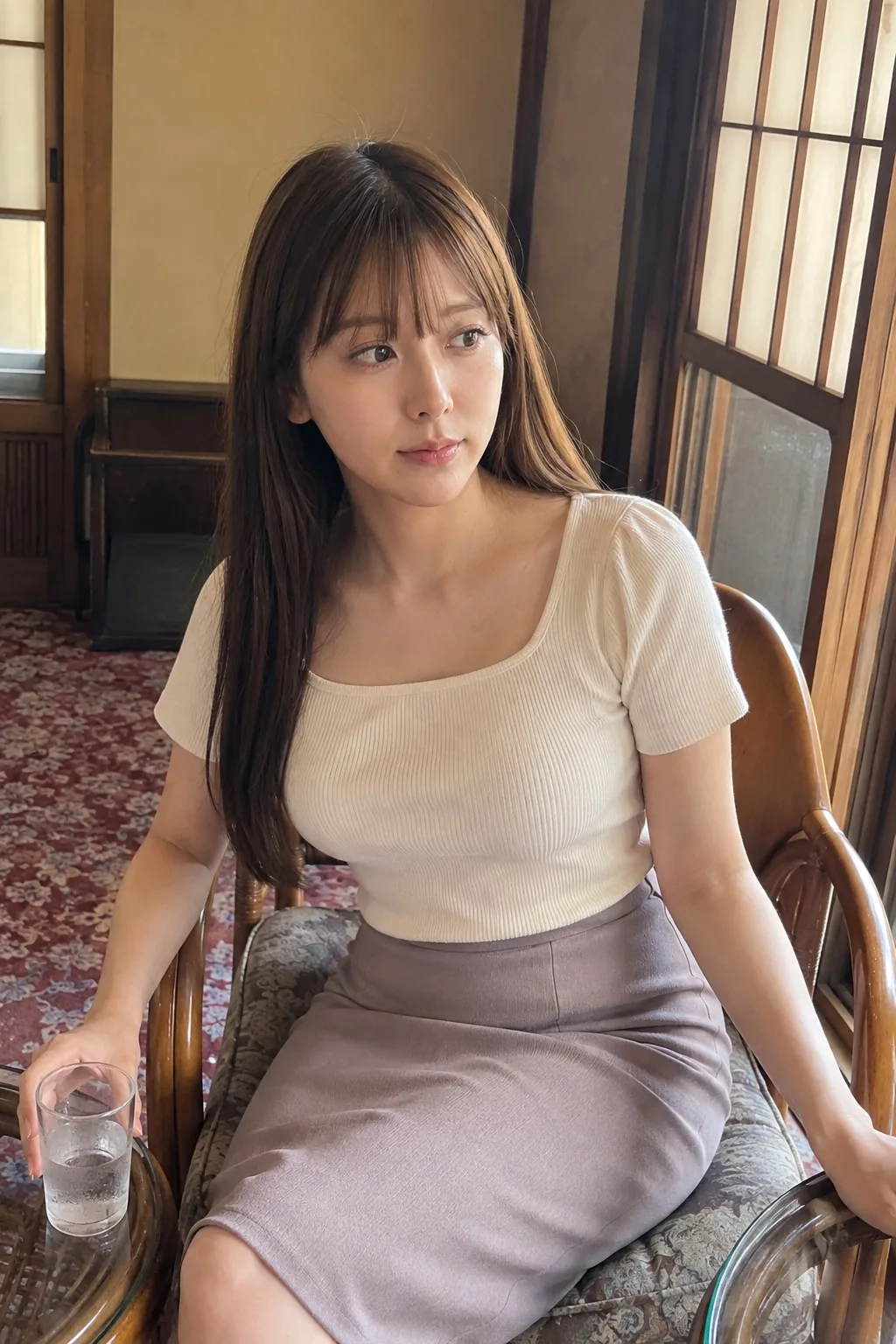 木造の室内で白い半袖トップスと淡い紫のスカートを着て椅子に座る人物