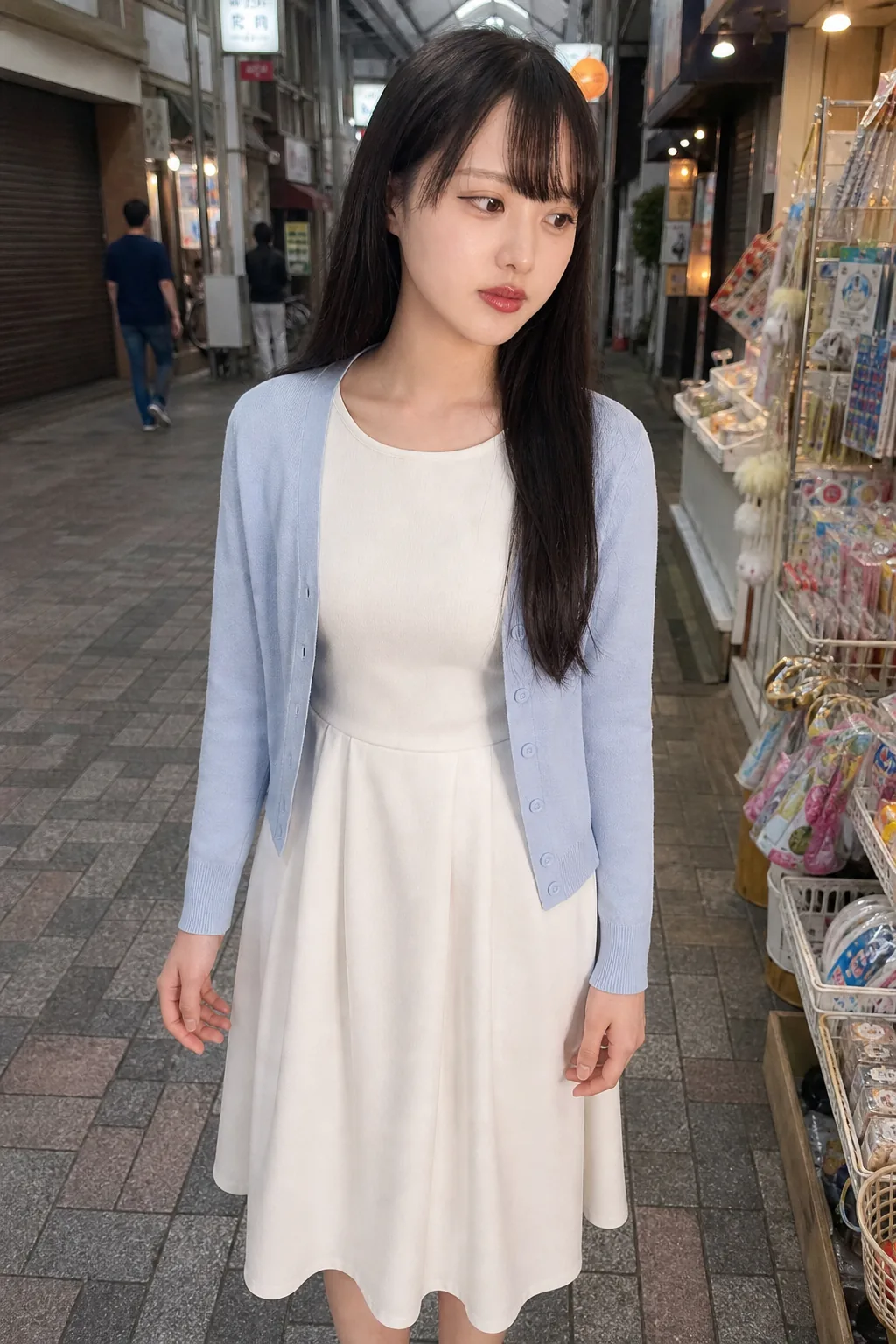 夕方の商店街で、白いワンピース姿で店先の商品へ目を向ける人物