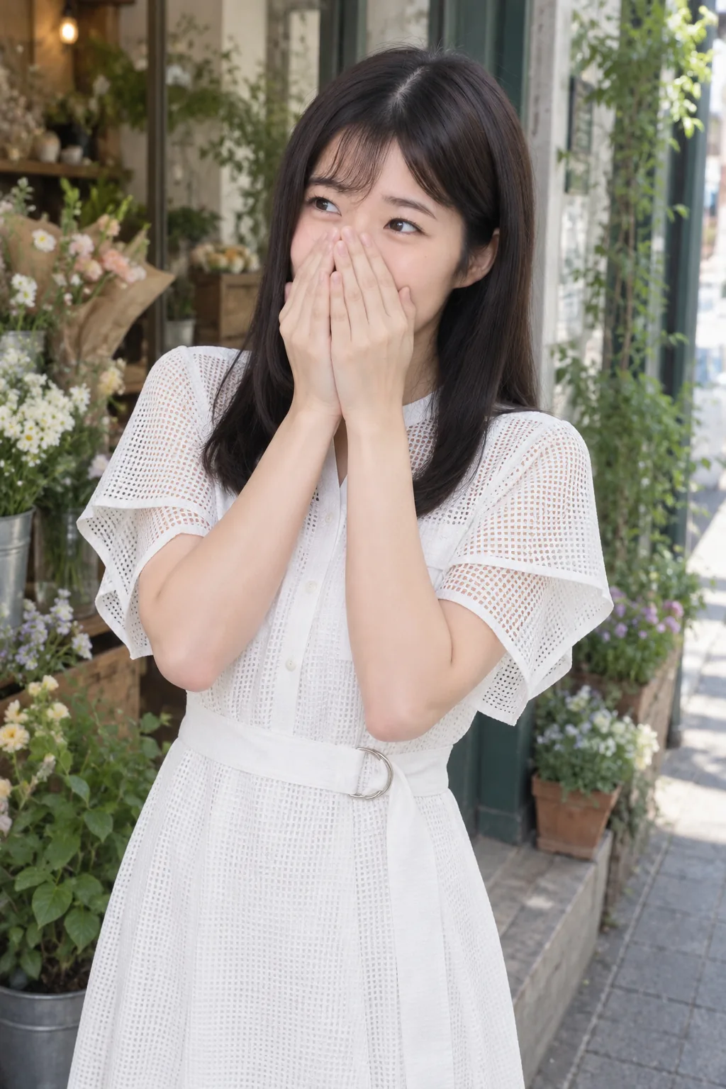 花店の前で白い透かし柄のワンピースを着て、両手で鼻と口元を覆い、画面左上へ目を向けて笑う女性。腰下までの縦構図。