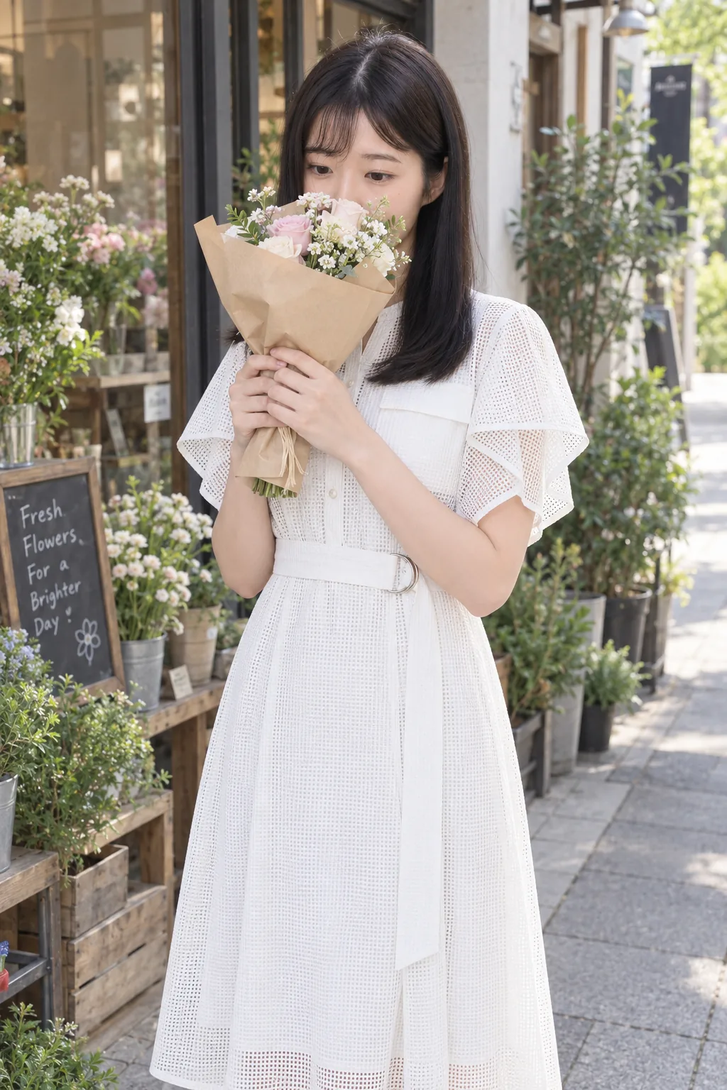 花店の前で淡いピンクと白の花束を両手で持ち、花へ視線を落とす女性。花束で鼻と口元が隠れ、白いワンピースの膝下までが写る。