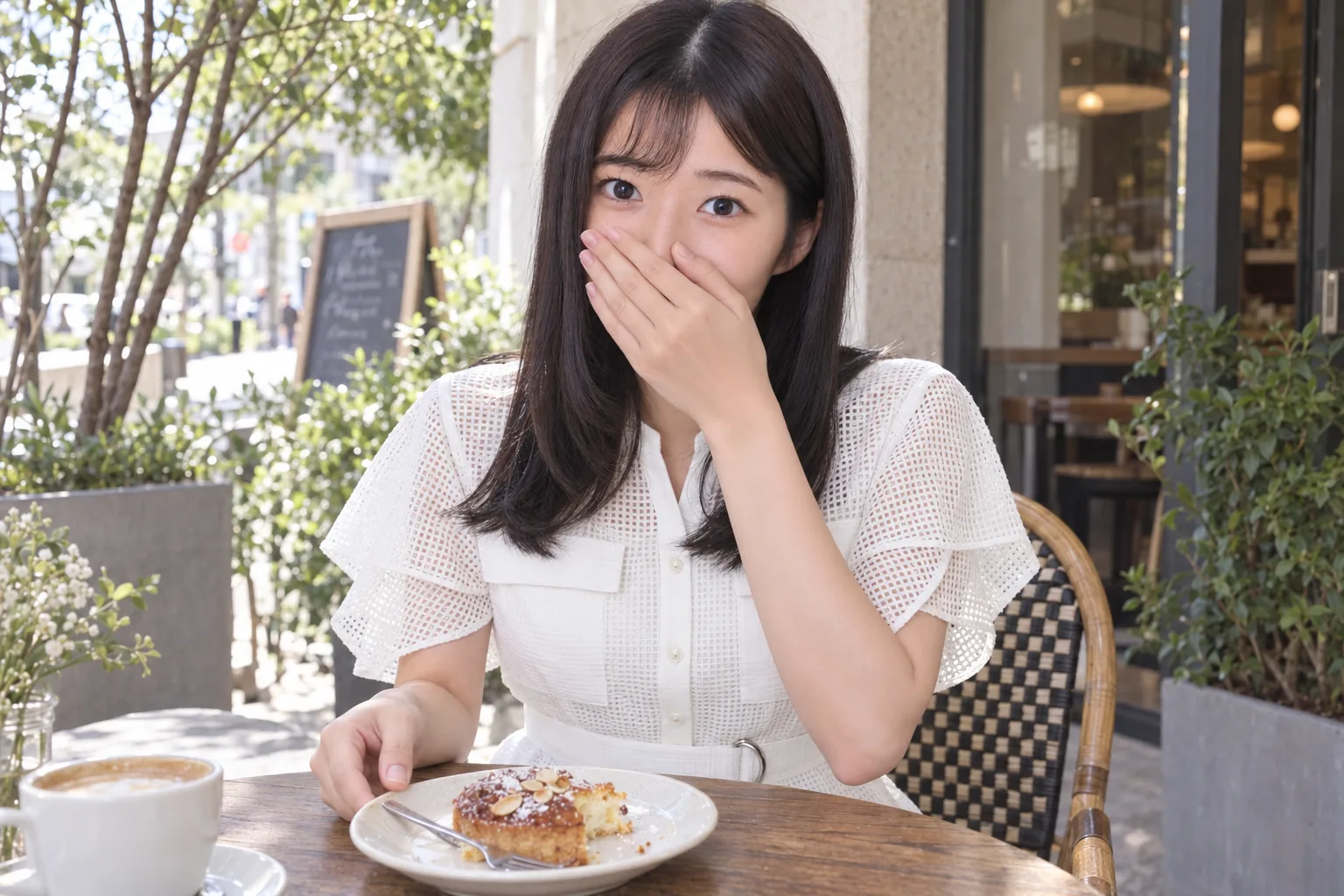 カフェの屋外席で白いワンピースの女性が片手で鼻と口元を覆い、正面を見る。もう片方の手は焼き菓子の皿に添え、卓上にカップがある横構図。
