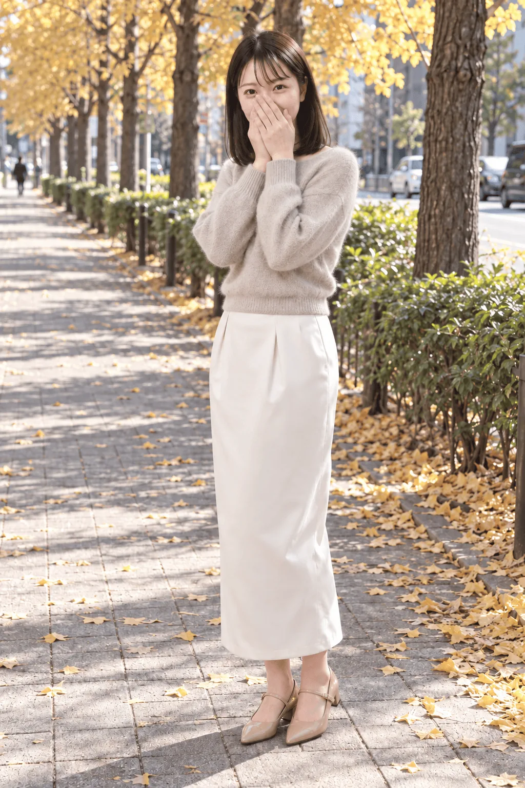 黄葉した銀杏並木の歩道に立ち、両手で鼻と口元を覆ってカメラを見て笑う女性。ベージュのニットに白いロングスカート、ベージュのパンプスの全身。