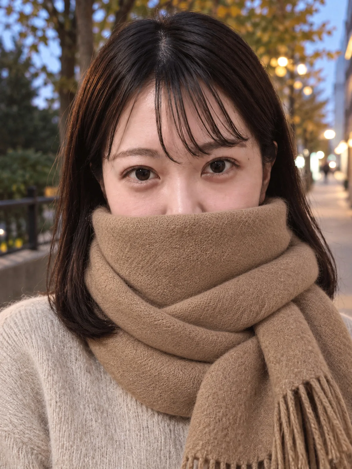 夕暮れの並木道で、首に巻いたキャメル色のストールに鼻から下をうずめ、正面のカメラを見つめる女性。顔と肩を近くから捉えた縦構図。