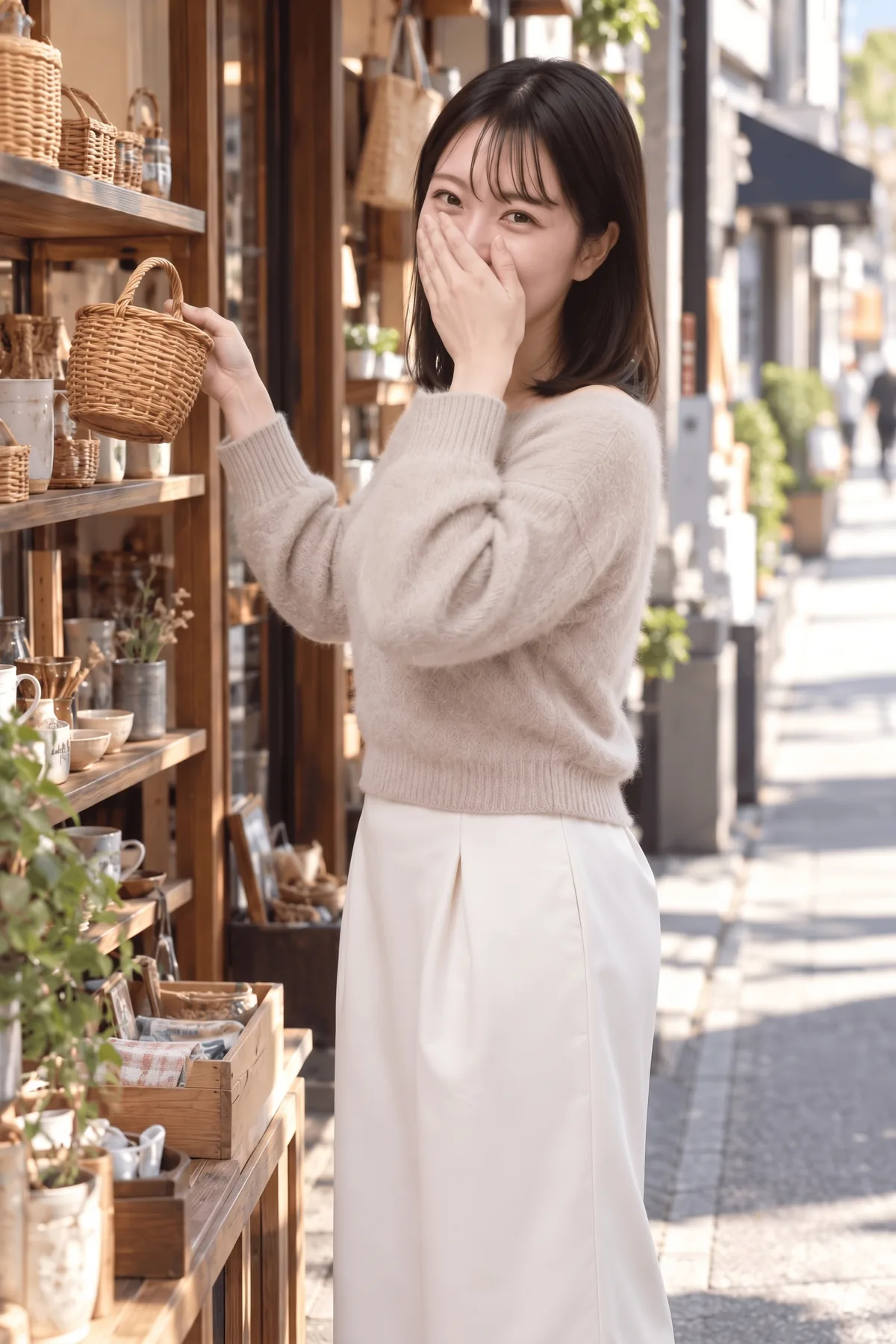 雑貨店の軒先で、棚の上段から小さな籐のかごを片手で取り、もう片方の手で鼻と口元を覆ってカメラへ振り向く女性。ベージュのニットと白いスカート。